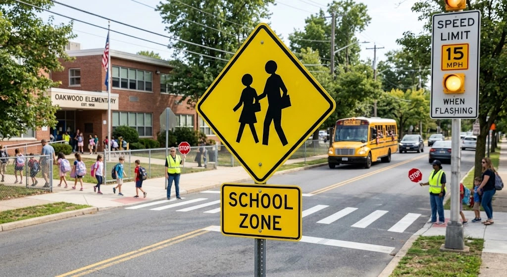 G1 Practice Test: Road Signs Edition (2026 Update) 14 A yellow diamond sign showing two children walking, often paired with a reduced speed limit, indicates